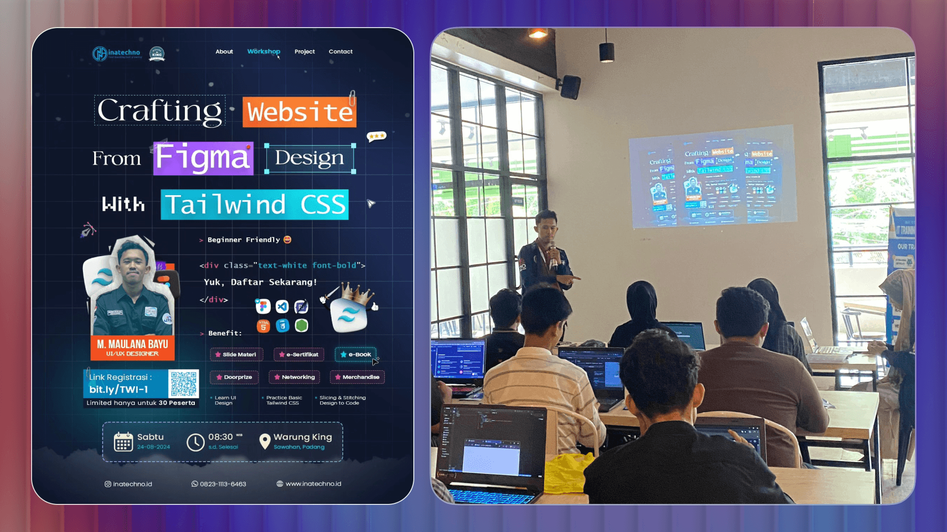 Saya membawakan sesi pengenalan Tailwind CSS di depan peserta workshop