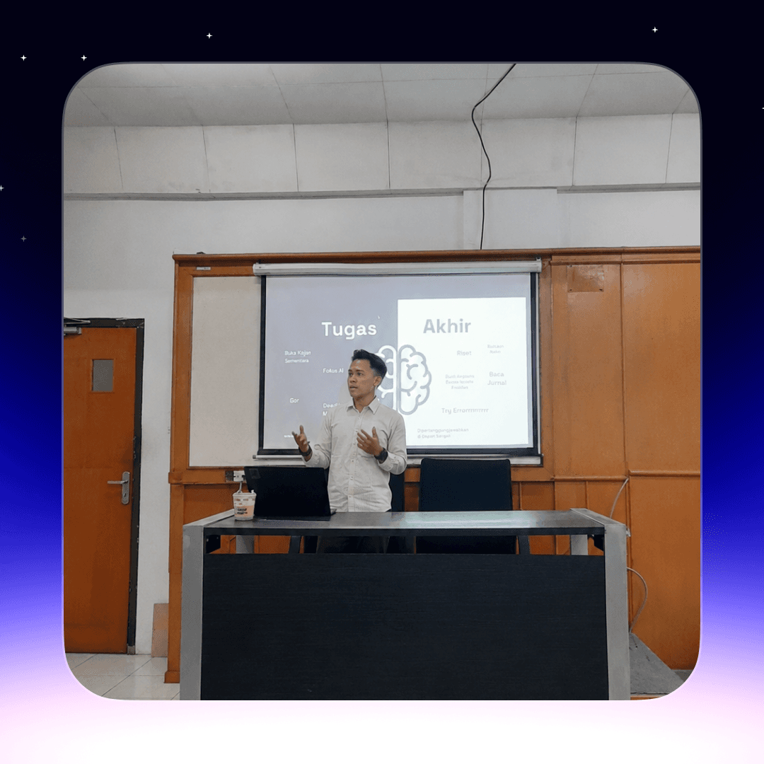 Bayu berbagi pengalaman dan tips sidang tugas akhir di depan mahasiswa bimbingan Bu Anna